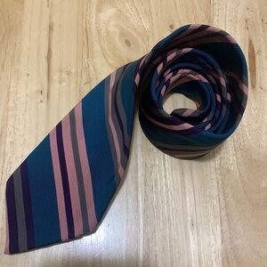 Ferrell Reed for Nordstrom.Dark teal, olive, dusty pink and dark plum stripe tie